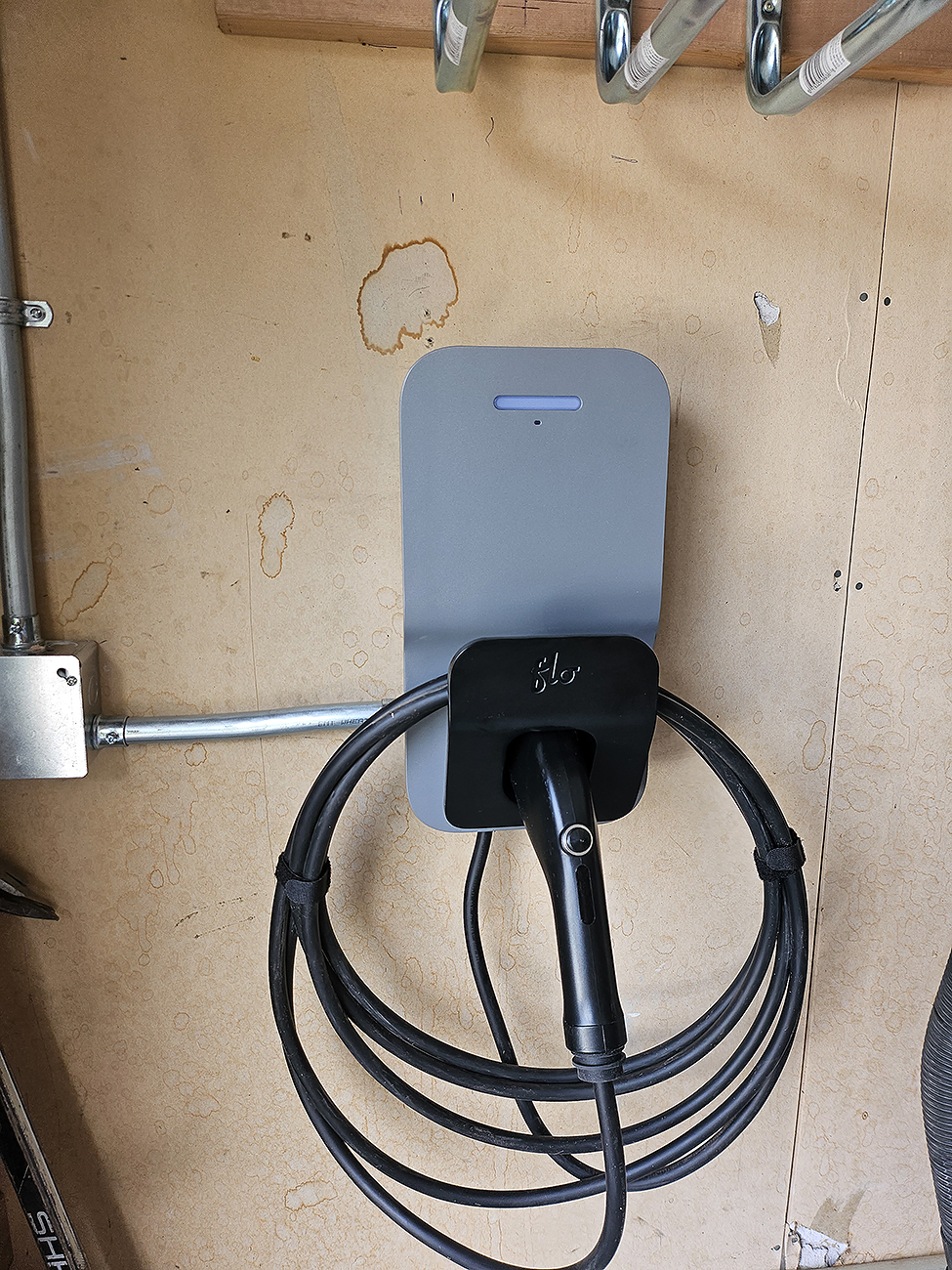 EV Charger Installation in Calgary garage by Crew Technical Services.