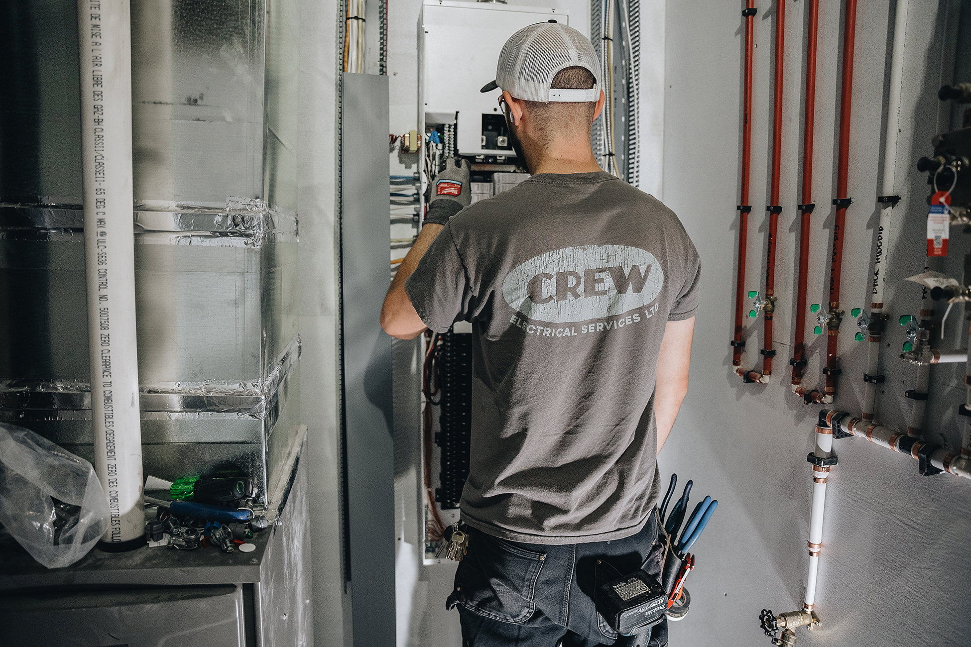 Basement electrician Calgary — Crew Technical Services rough-in with recessed lighting layout and labelled boxes